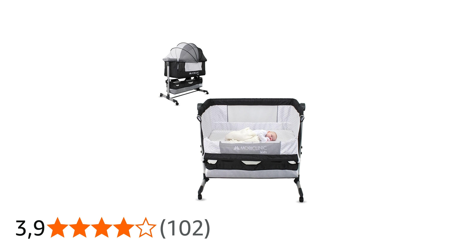 Mobiclinic®, Cuna 3 en 1, Night, Altura Ajustable, Colchón, Mosquitera, Ruedas 360º, Correas de Sujeción, Cesta de Almacenamiento, hasta 20 kg, Negro