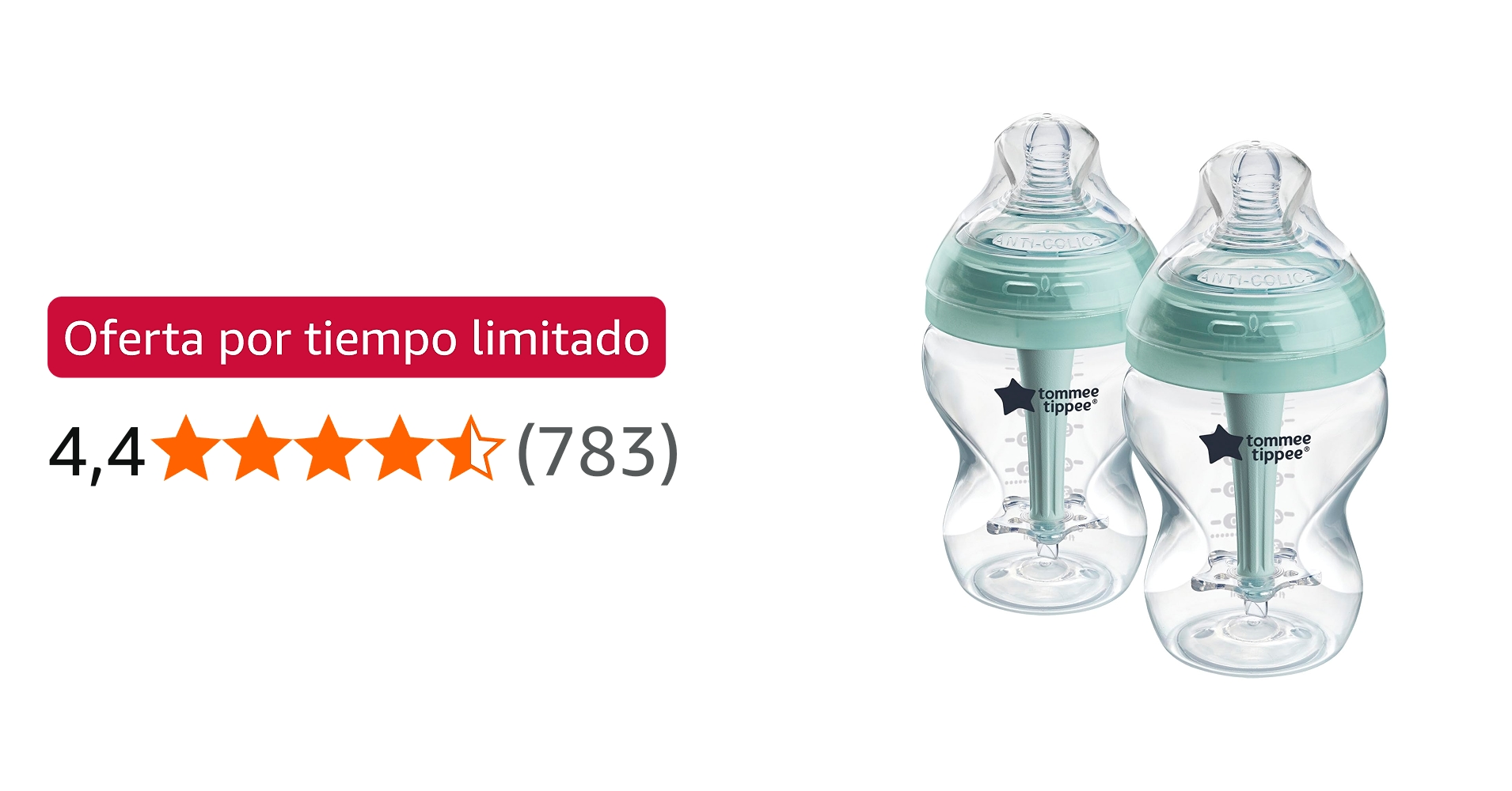 Oferta: Tommee Tippee Biberón, biberón anticólicos óptimo, 260 ml, con tetina anatómica para agarre natural, varilla de ventilación anticólicos, pack de 2