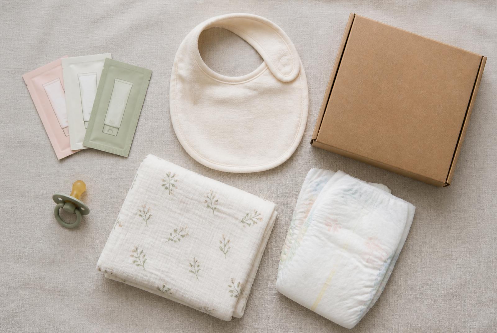 Contenido típico de una canastilla de bebé gratis: muestras de crema, babero, muselina, pañal y chupete